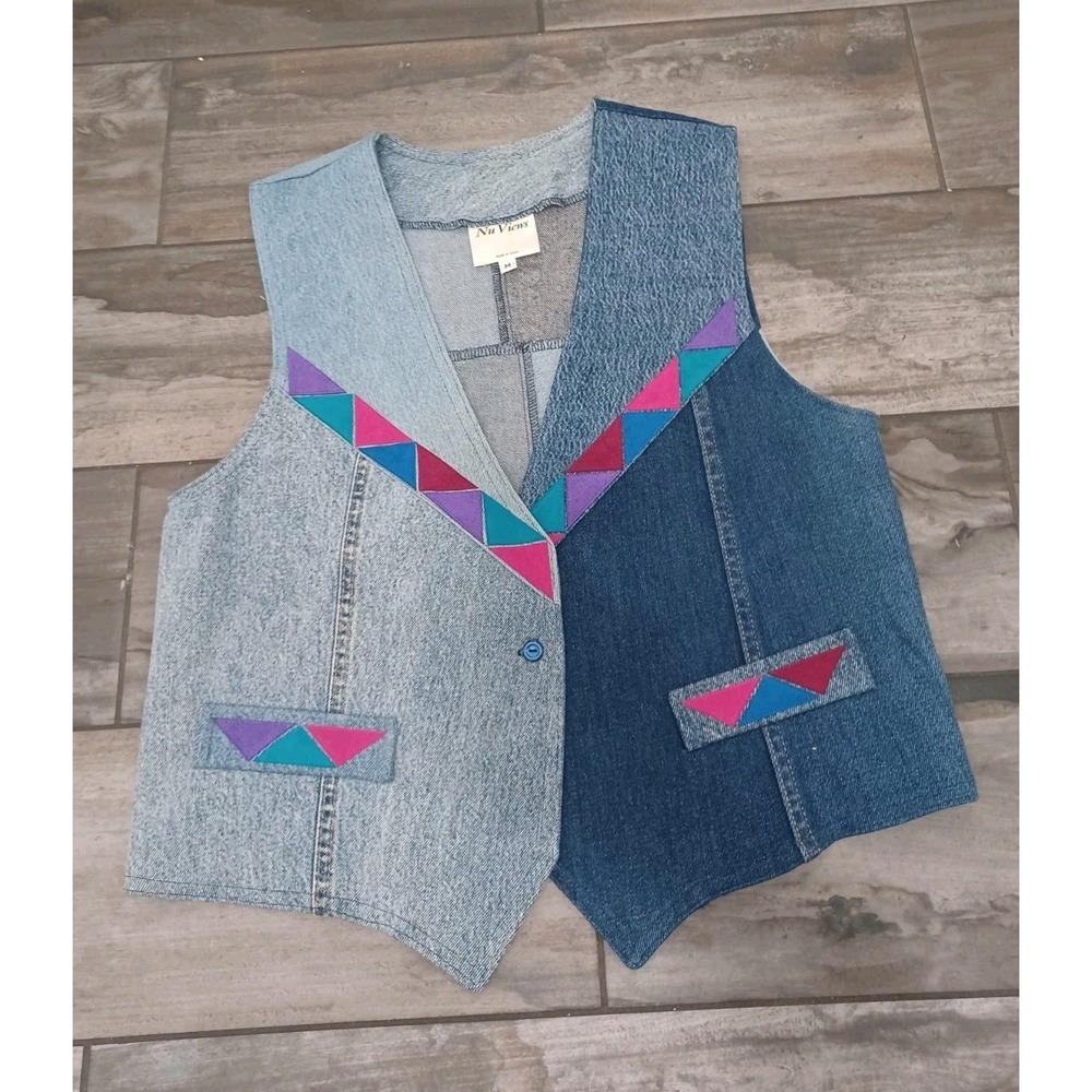 Vintage Nu Views denim vest western cowgirl embellished 90s Giometric deep V
